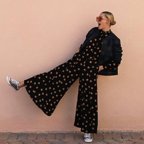 Anthropologie Jumpsuit Loveland Polka Dot Wide Leg Black/Tan Size 14 - Picture 3 of 13